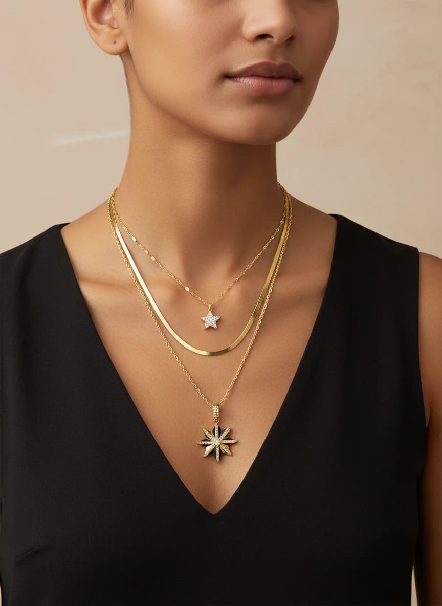 Trend Katmanlı Yıldız Kolye Seti Altın Rengi