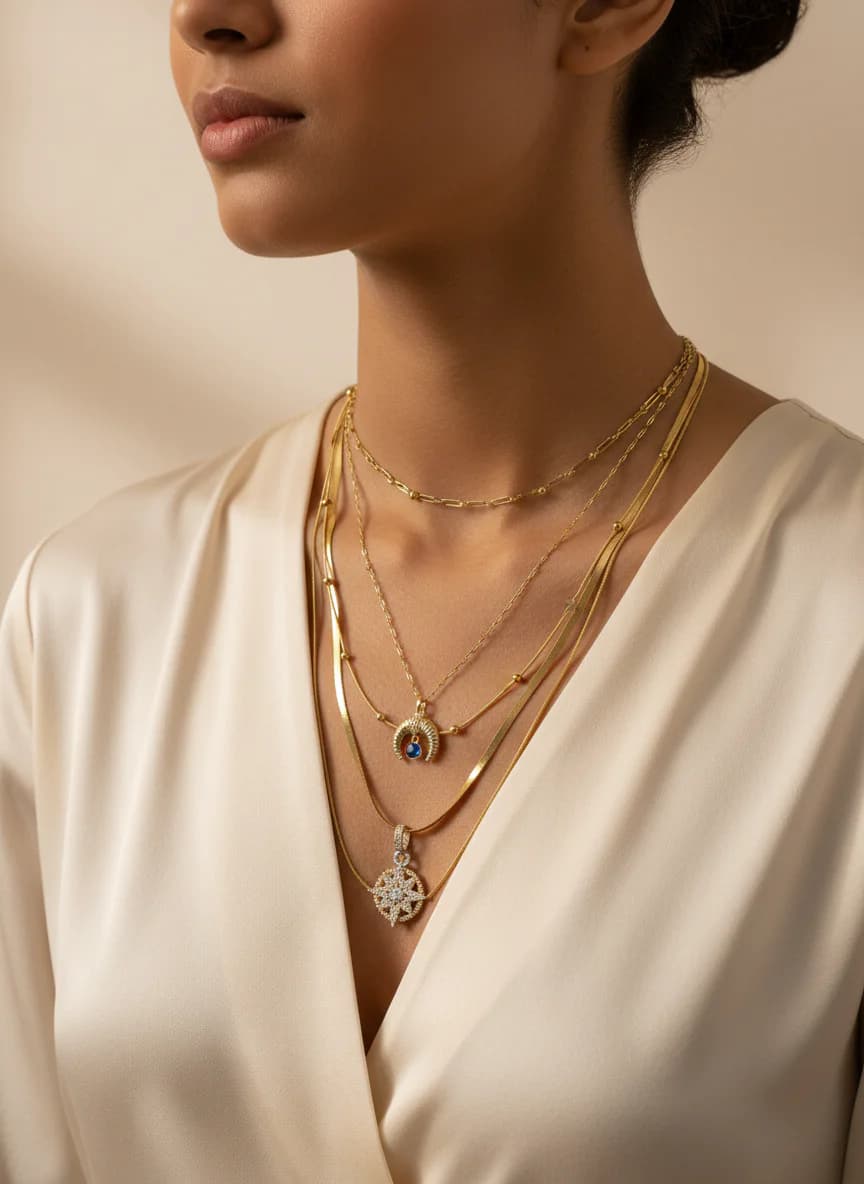 Katmanlı Altın Rengi Hilal Yıldız Boncuklu Zincir Kolye