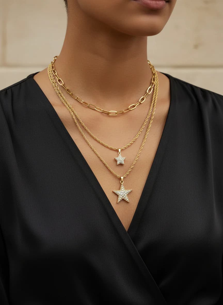 Trend Altın Rengi Yıldız Kolye Kombini - 3 Adet Zincir