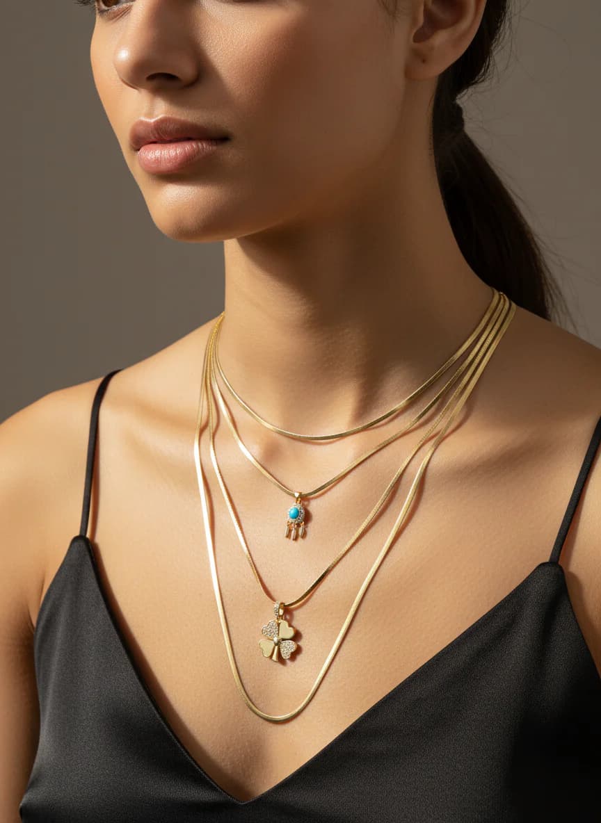 Katmanlı Yonca ve Turkuaz Taşlı Altın Rengi Kolye