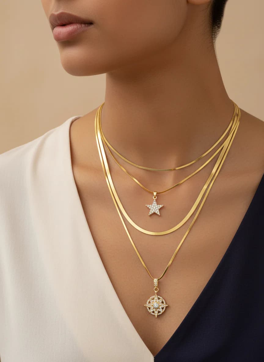 Altın Kaplama Katmanlı Balıksırtı Kolye Seti Yıldız Pusula