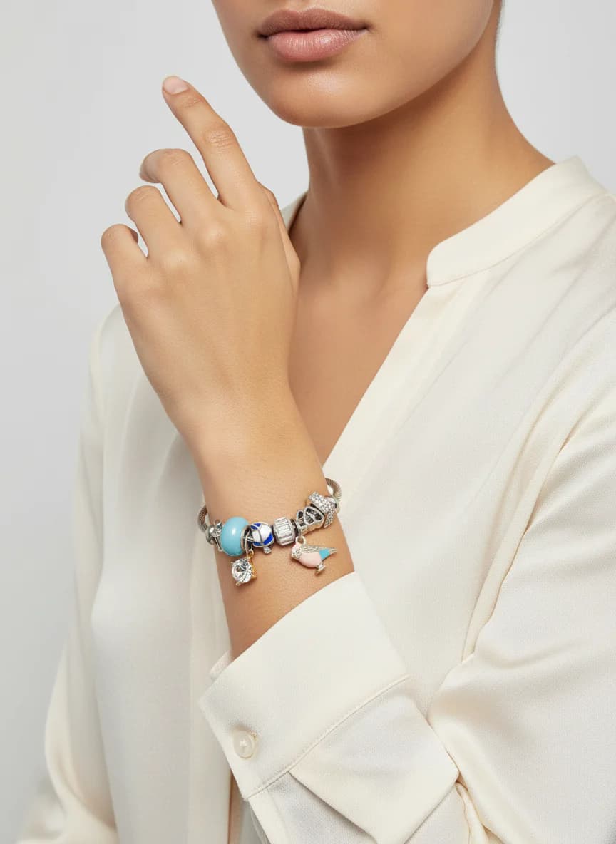 Örgü Tel Gümüş Rengi Charm Bileklik - Kuş ve Kristal