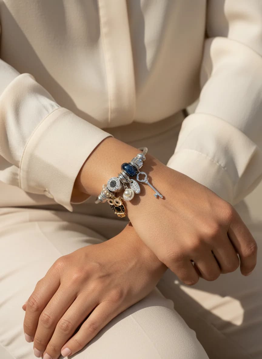 Şık Gümüş Rengi Charm Bileklik - Baykuş, İnci, Anahtar