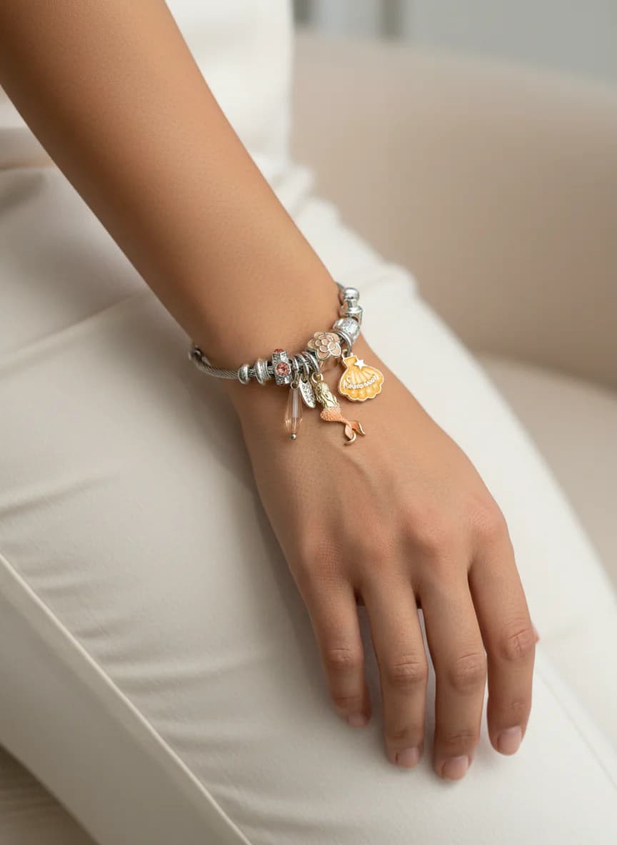 Kadın Deniz Temalı Kristal ve Mineli Charm Bileklik