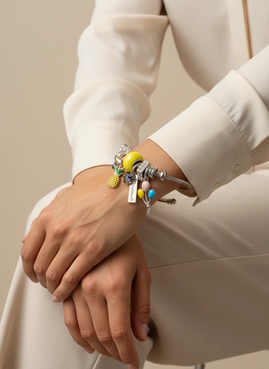 Sarı Boncuklu Ananas Balon Kamera Figürlü Kadın Charm Bileklik