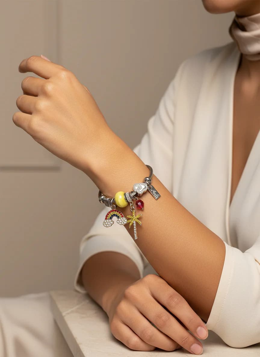 Renkli Taşlı Gökkuşağı Palmiye Charm Bileklik Gümüş Ton