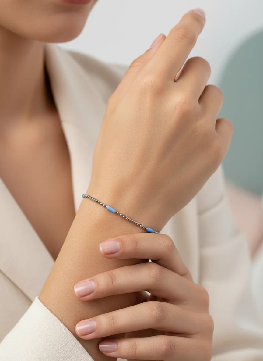 Çelik Mavi Boncuklu Zincir Bileklik - Kadın Takı