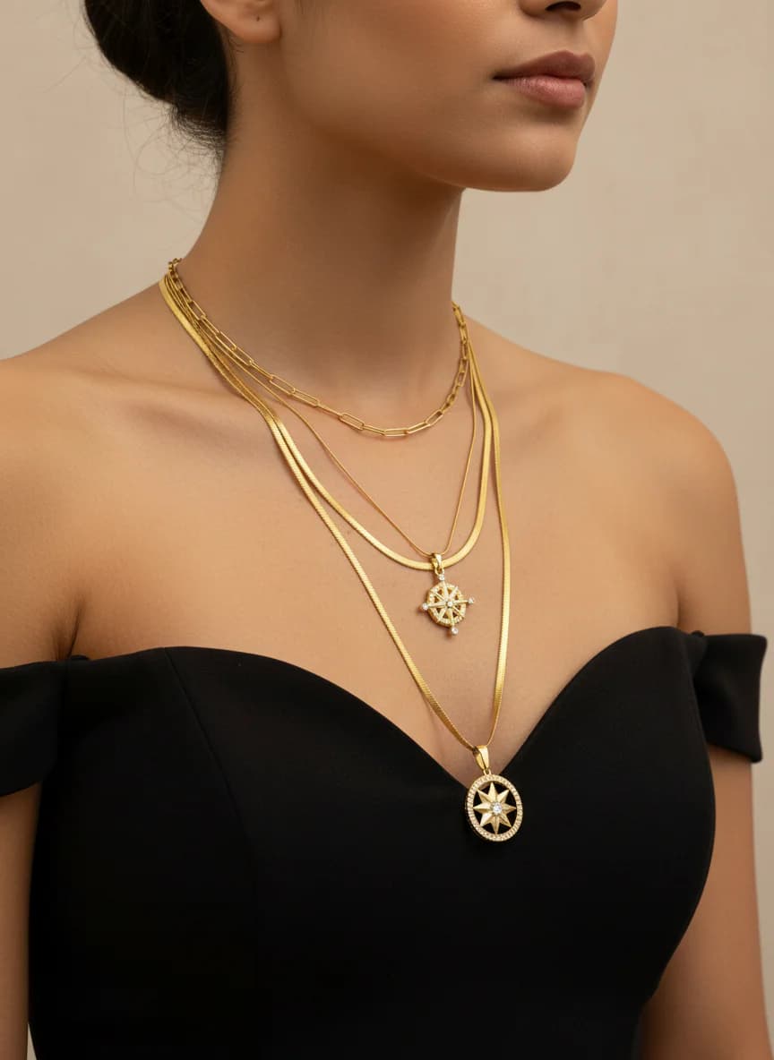 Altın Kaplama Çoklu Katmanlı Yıldız Pusula Kolye Seti