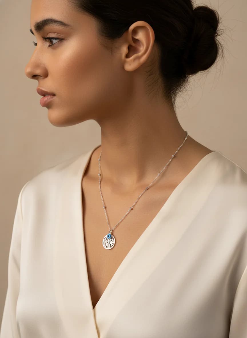 Gümüş Nazar Boncuklu Yaşam Çiçeği Detaylı Kolye