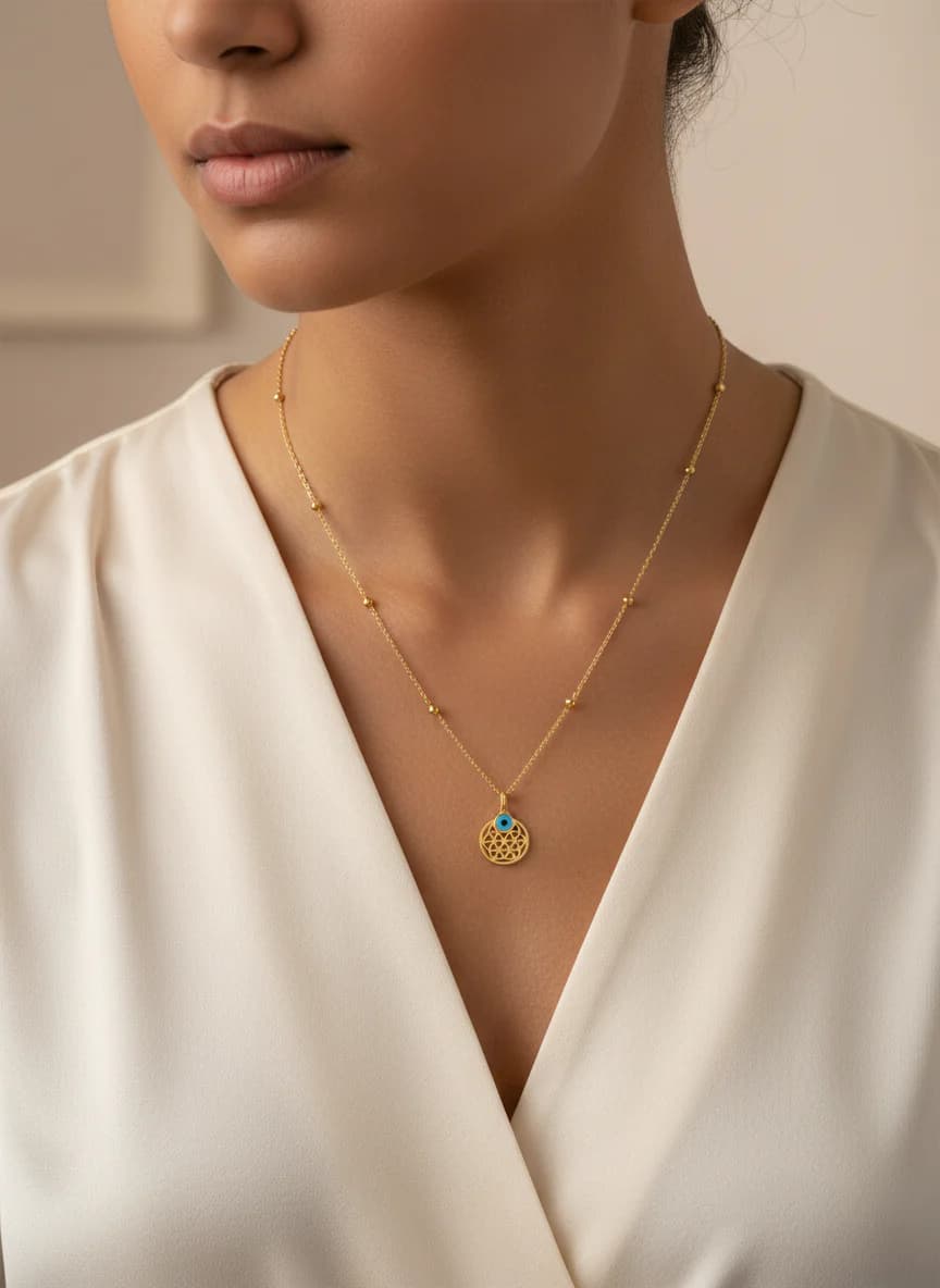 Yaşam Çiçeği Nazar Boncuklu Altın Kaplama Kolye