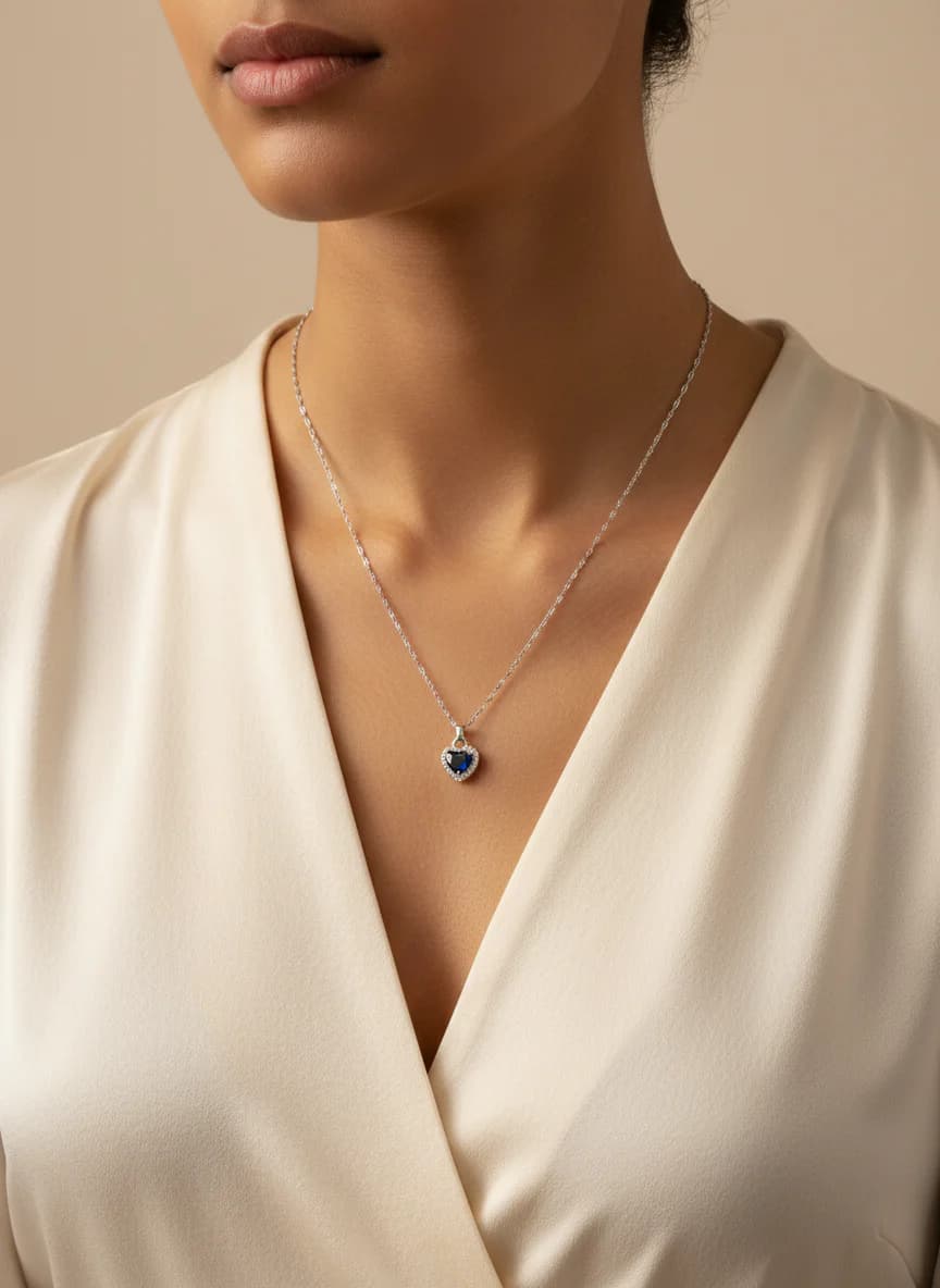 Zarif Gümüş Renk Kalp Kolye Siyah ve Zirkon Taşlı