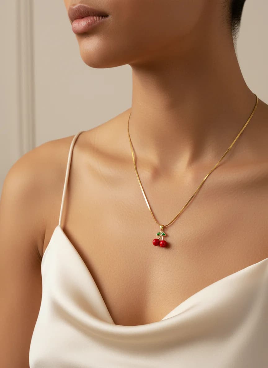 Altın Kaplama Kiraz Kolye - Şık Zincir Tasarım