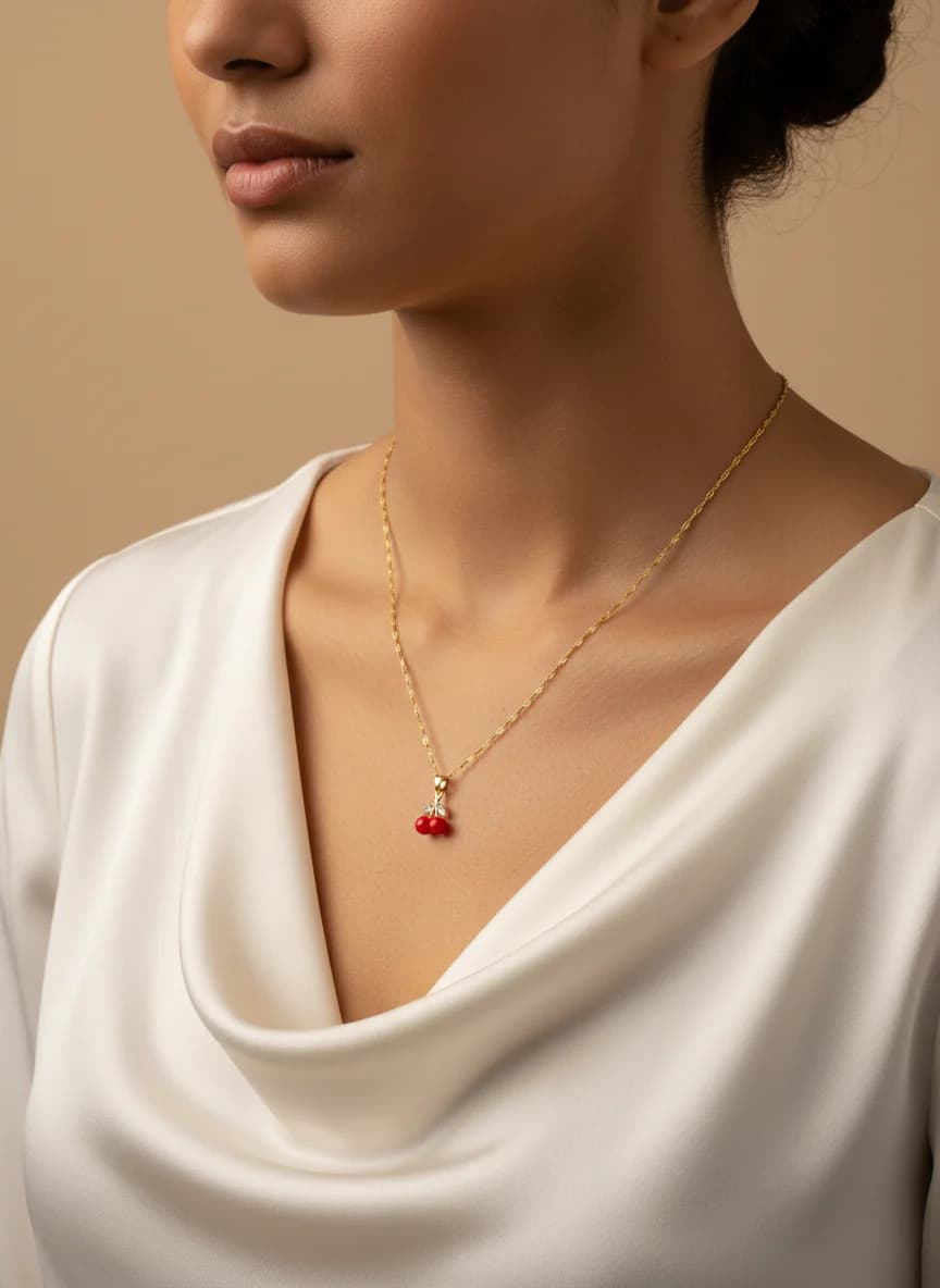 Altın Rengi Kiraz Charm Kolye Zirkon Taşlı