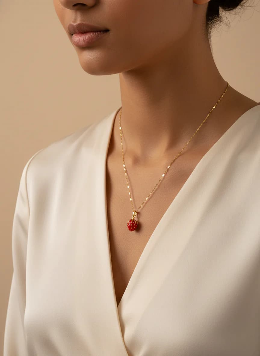 Zarif Altın Rengi Çilek Kolye | Kırmızı Mineli Kadın Kolyesi