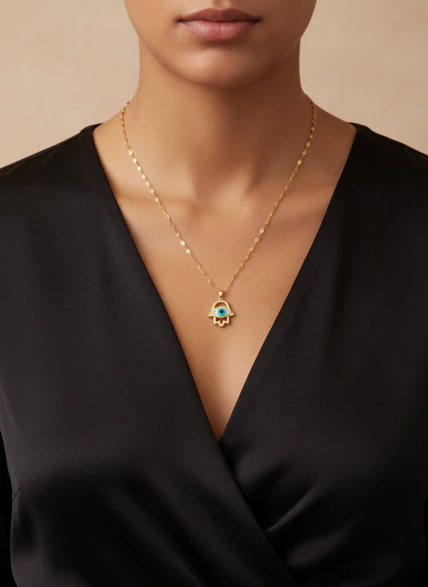 Altın Rengi Hamsa Nazar Boncuğu Taşlı Kolye