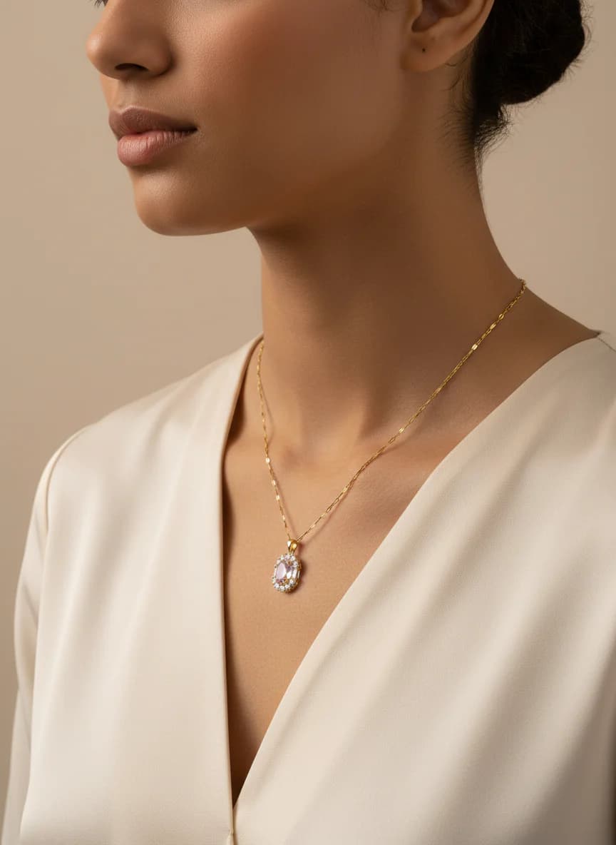 Altın Kaplama Oval Zirkon Taşlı Parlak Kadın Kolye