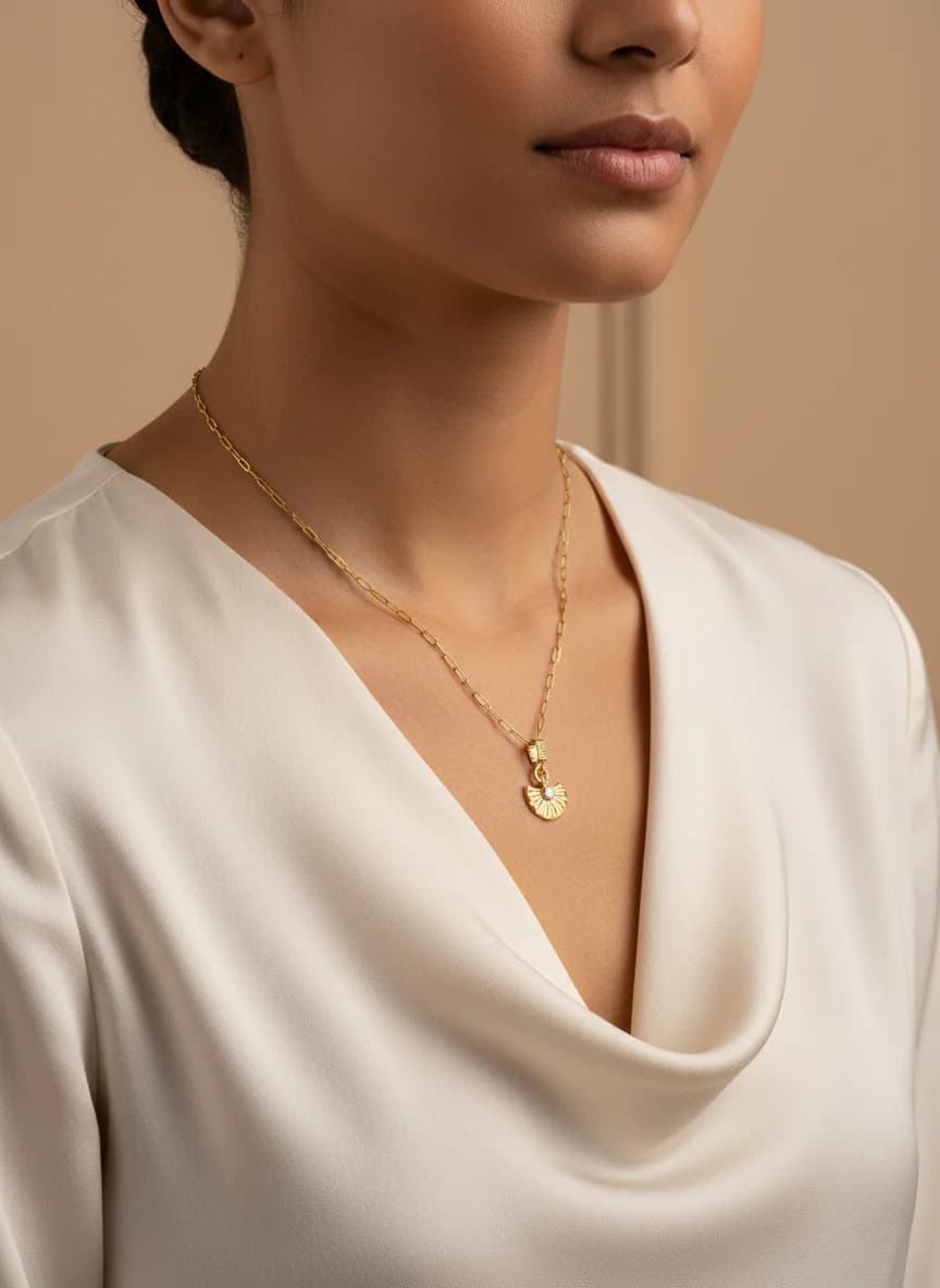 Ataş Zincir Fan Desenli Taşlı Altın Rengi Kolye