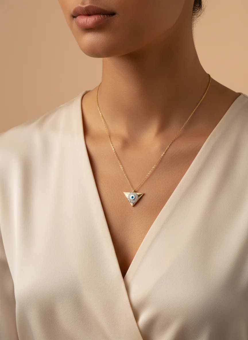 Altın Rengi Üçgen Nazar Boncuğu Zirkon Taşlı Kolye