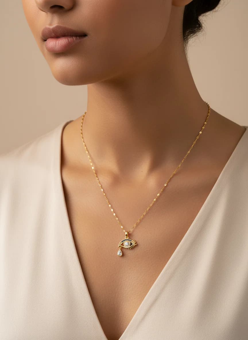 Altın Rengi Damla Taşlı Nazar Göz Kolye Kadın