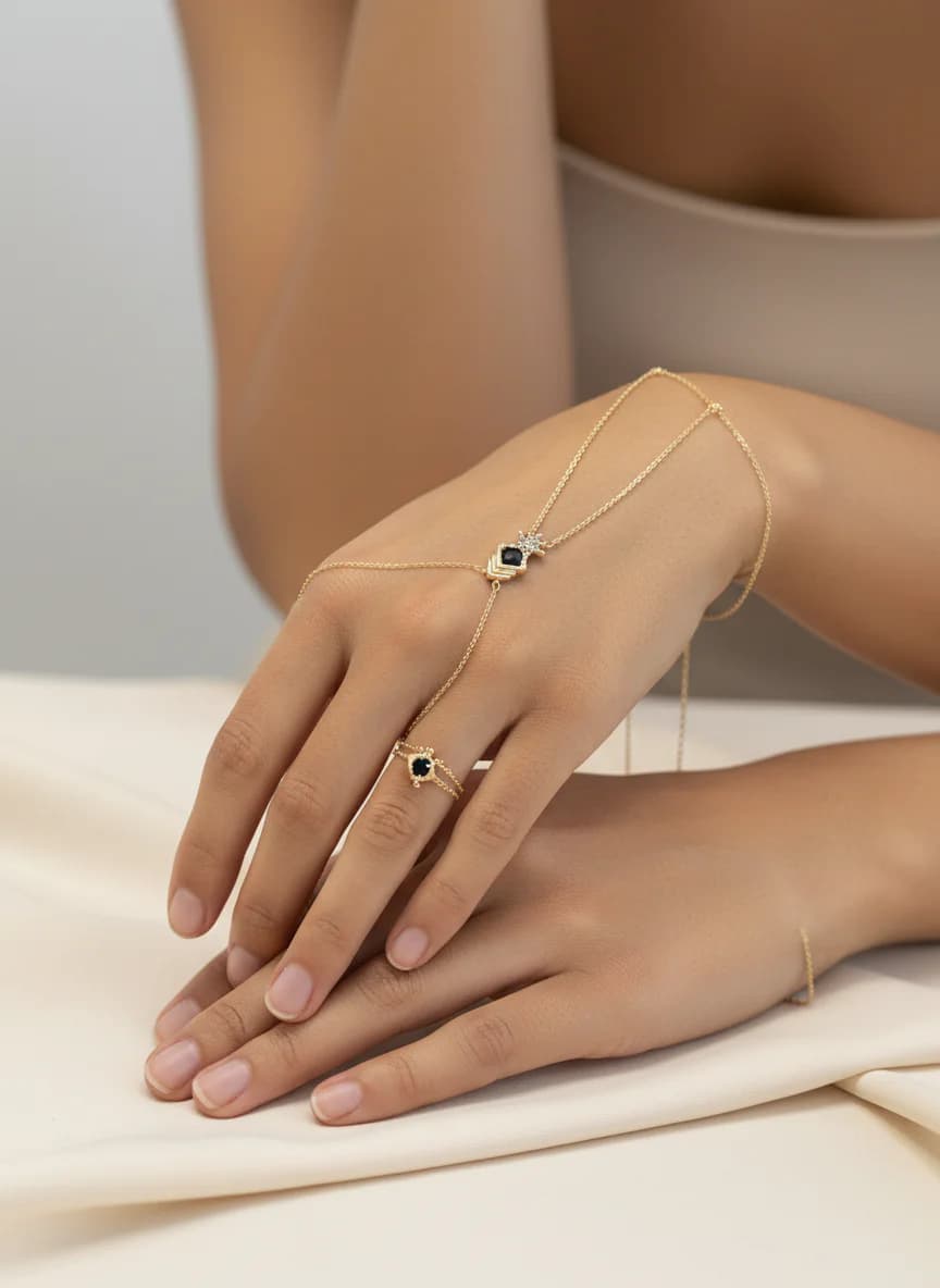 Zarif Altın Kaplama Yıldız Taşlı El Zinciri Bileklik Yüzük