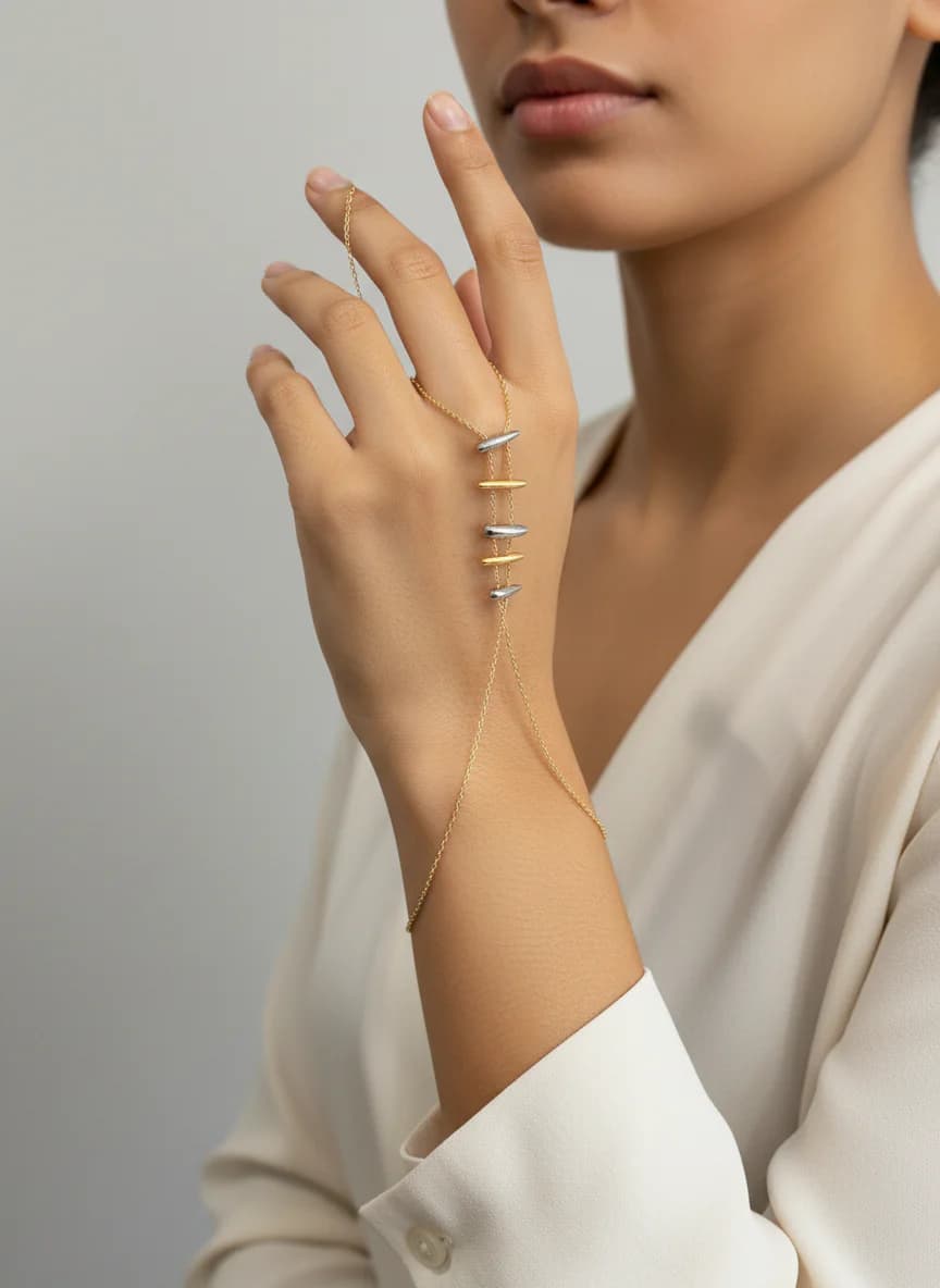 Zarif İki Renkli Damla Detaylı El Zinciri Yüzük Bileklik