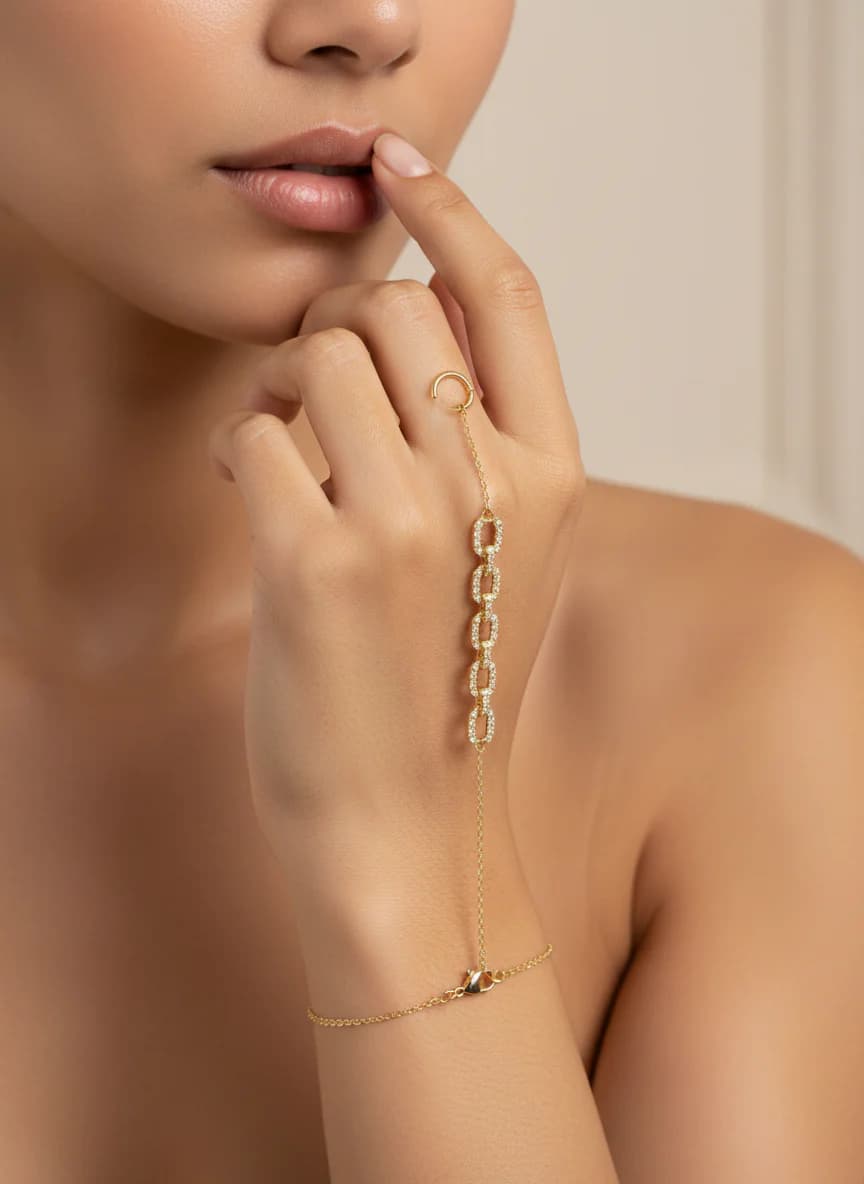 Altın Rengi Taşlı El Zinciri Yüzük Bileklik