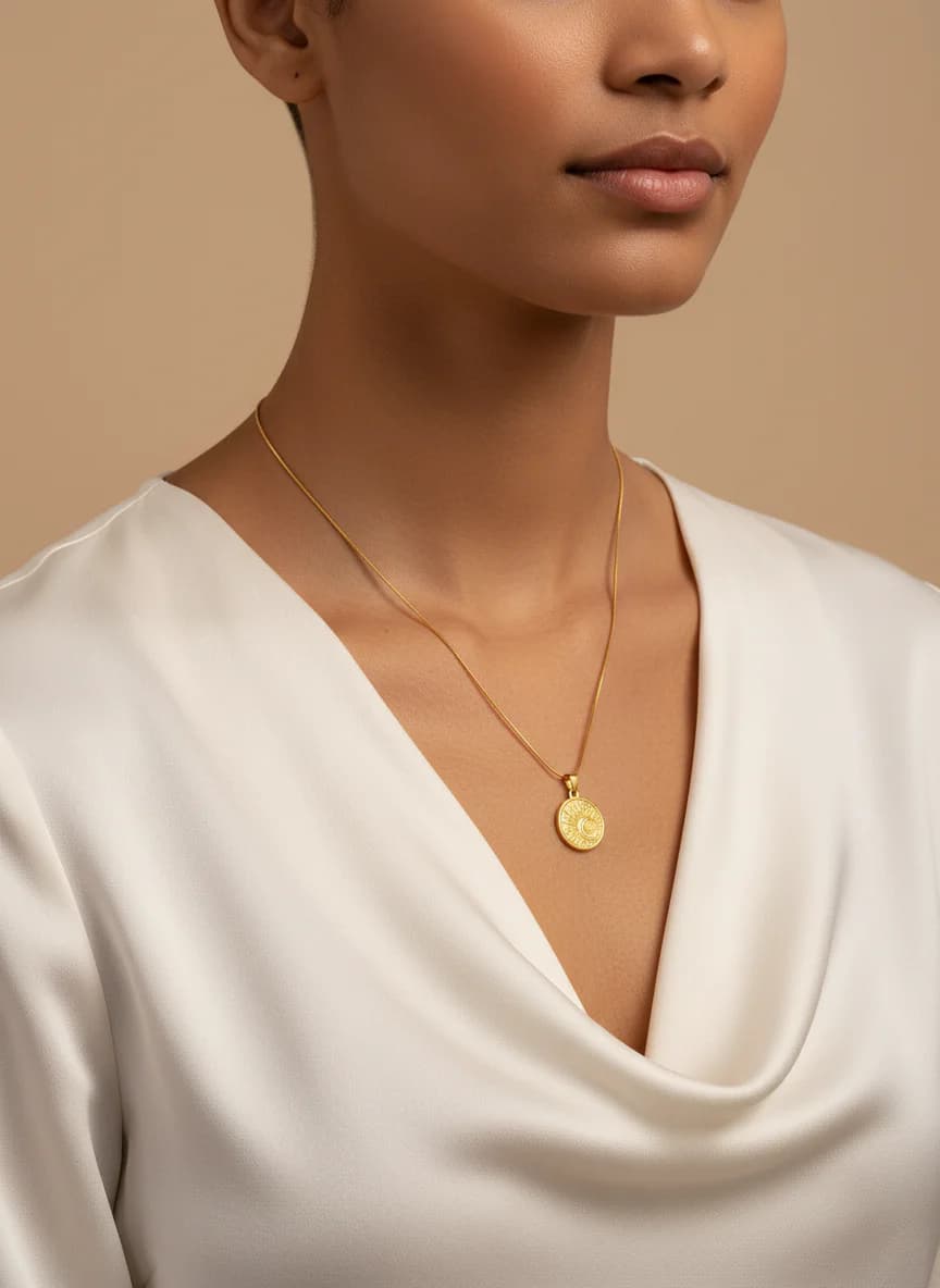 Ay Güneş Motifli Altın Rengi Madalyon Kolye