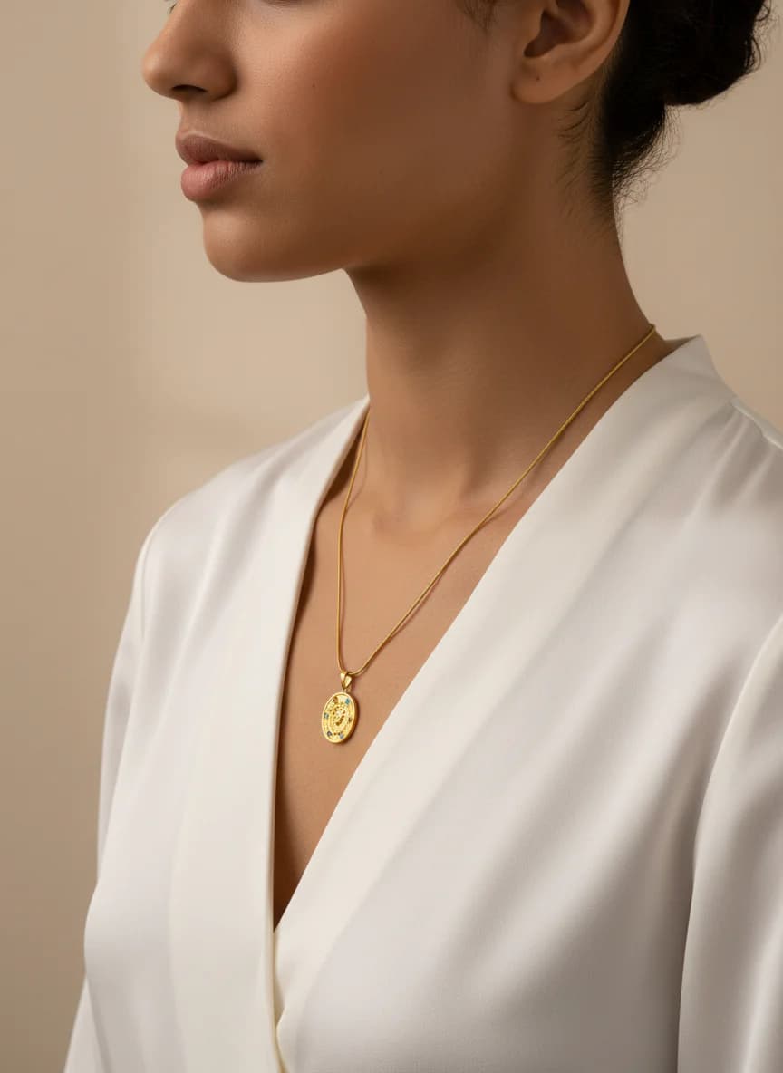 Altın Renkli Mitolojik Madalyon Kadın Kolye Renkli Taşlı