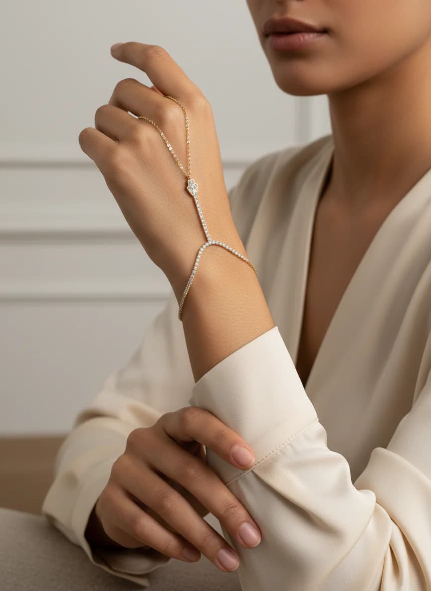 Hamsa Fatma'nın Eli Motifli Altın Renk Taşlı Şahmeran Bileklik