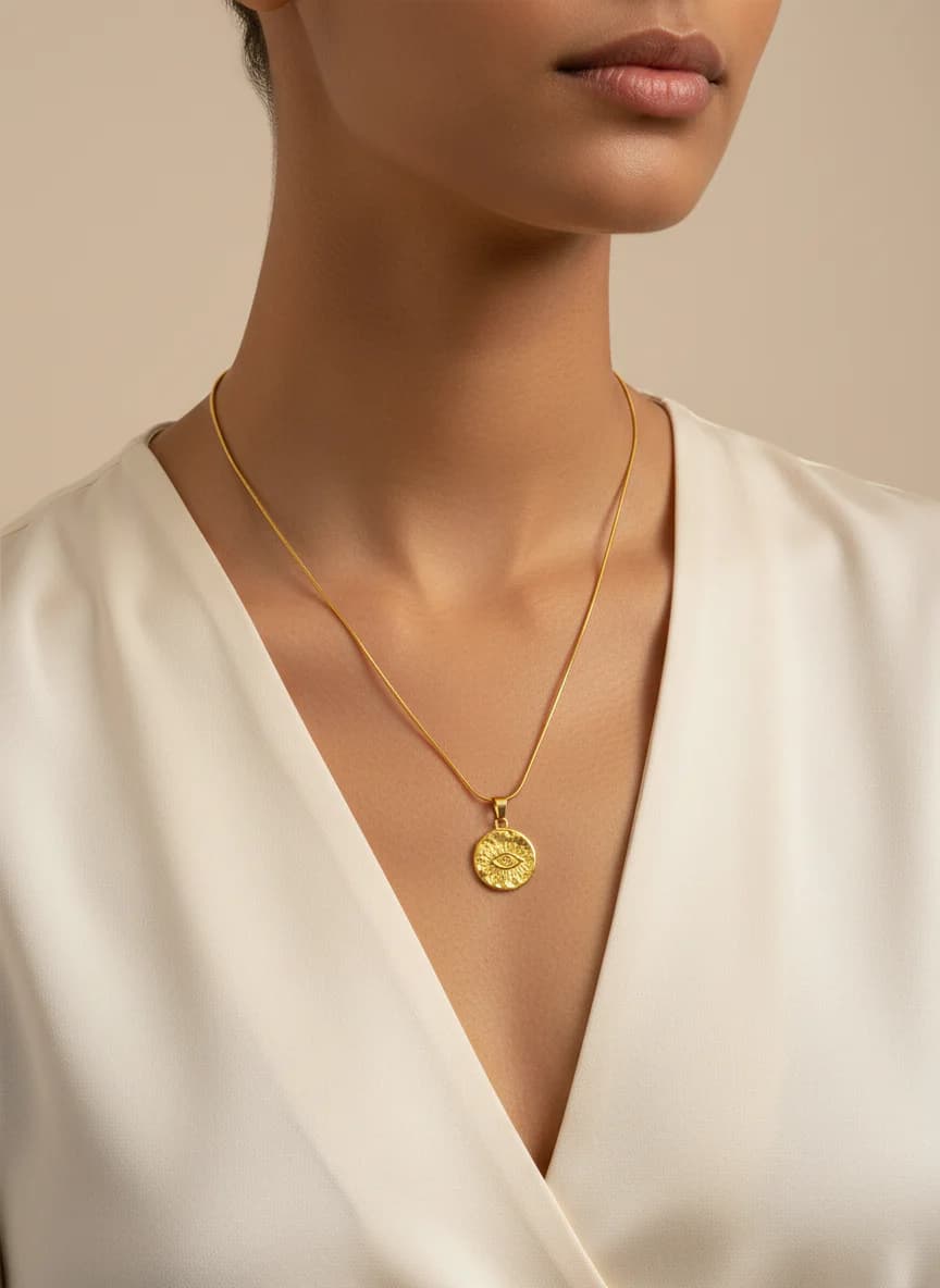 Altın Renk Nazar Göz Figürlü Yuvarlak Disk Kolye