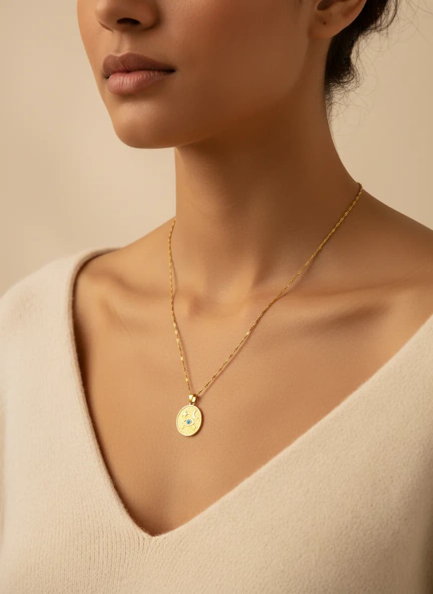 Altın Renk Nazar Boncuklu Ay Yıldızlı Madalyon Kolye