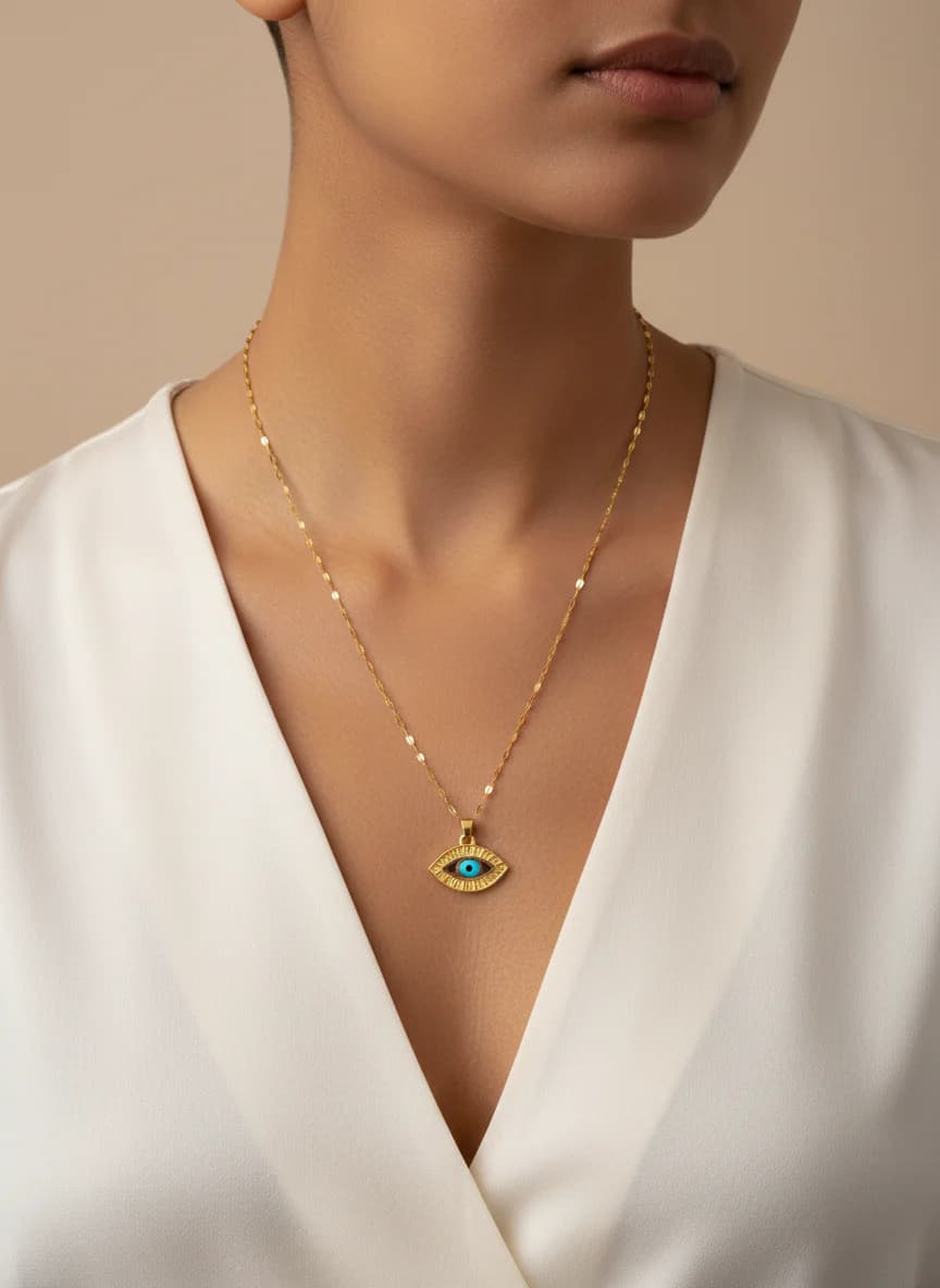 Altın Renk Nazar Boncuğu Göz Kolye Zincir
