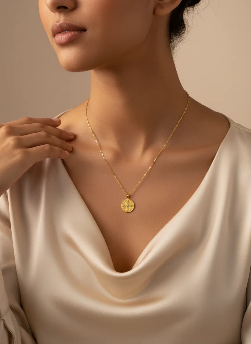 Altın Madalyon Kolye Turkuaz Taşlı Zarif Kadın Kolyesi