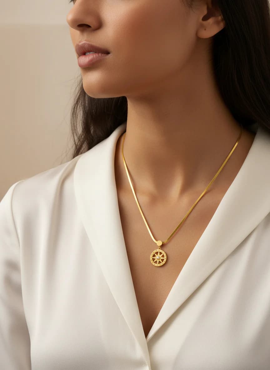 Çelik Altın Renk Pusula Yılan Zincir Kadın Kolye