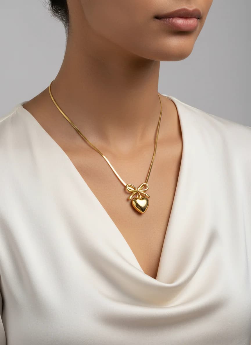 Altın Rengi Fiyonk Kalp Uçlu Yılan Zincir Kolye