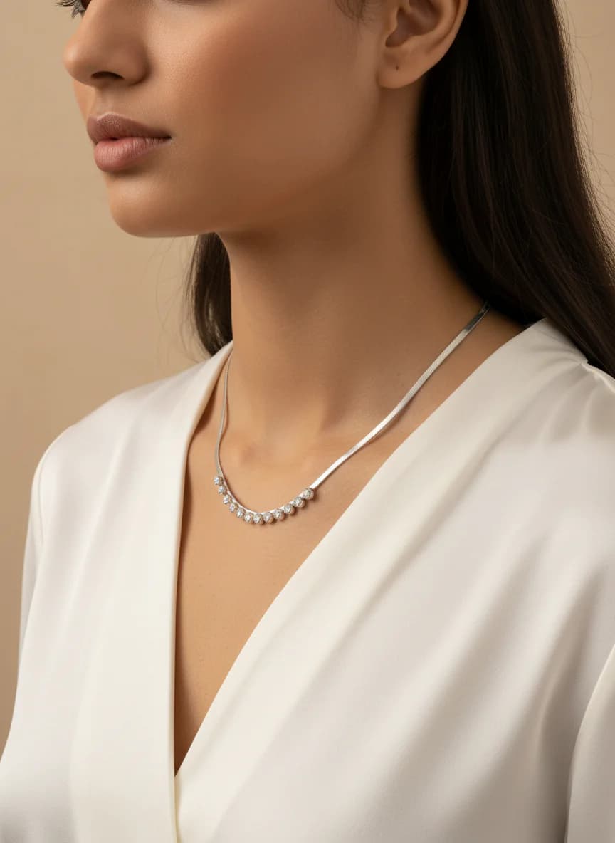 Gümüş Renk Taşlı Zarif Yılan Zincir Kolye