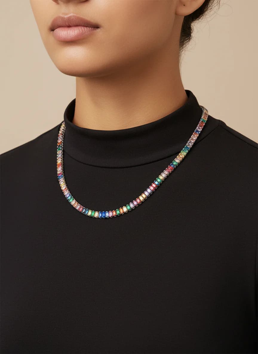 Gökkuşağı Baget Kesim Zirkon Tenis Kolye