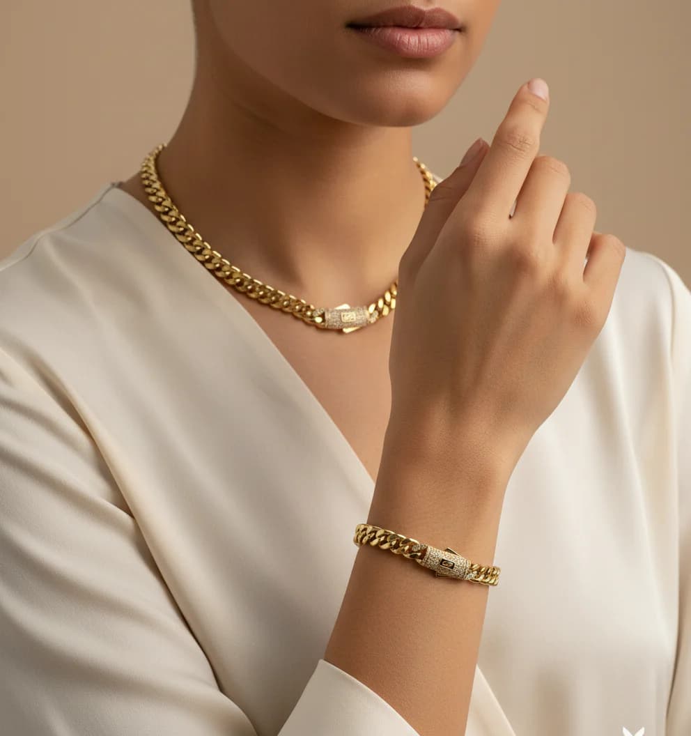 Zirkon Taşlı Altın Rengi Küba Zincir Kolye Bileklik Seti