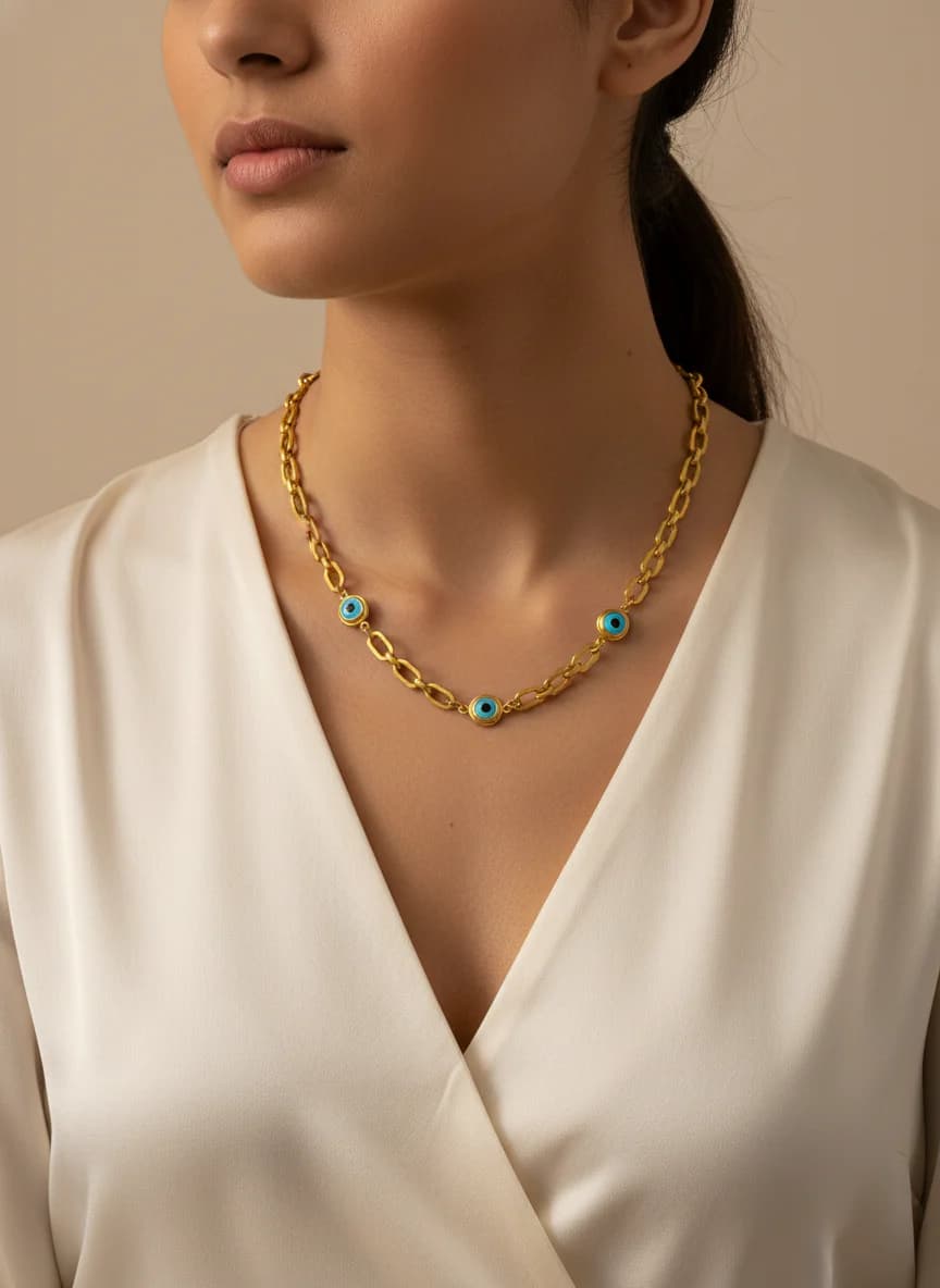 Altın Renk Nazar Boncuklu Zarif Zincir Kolye