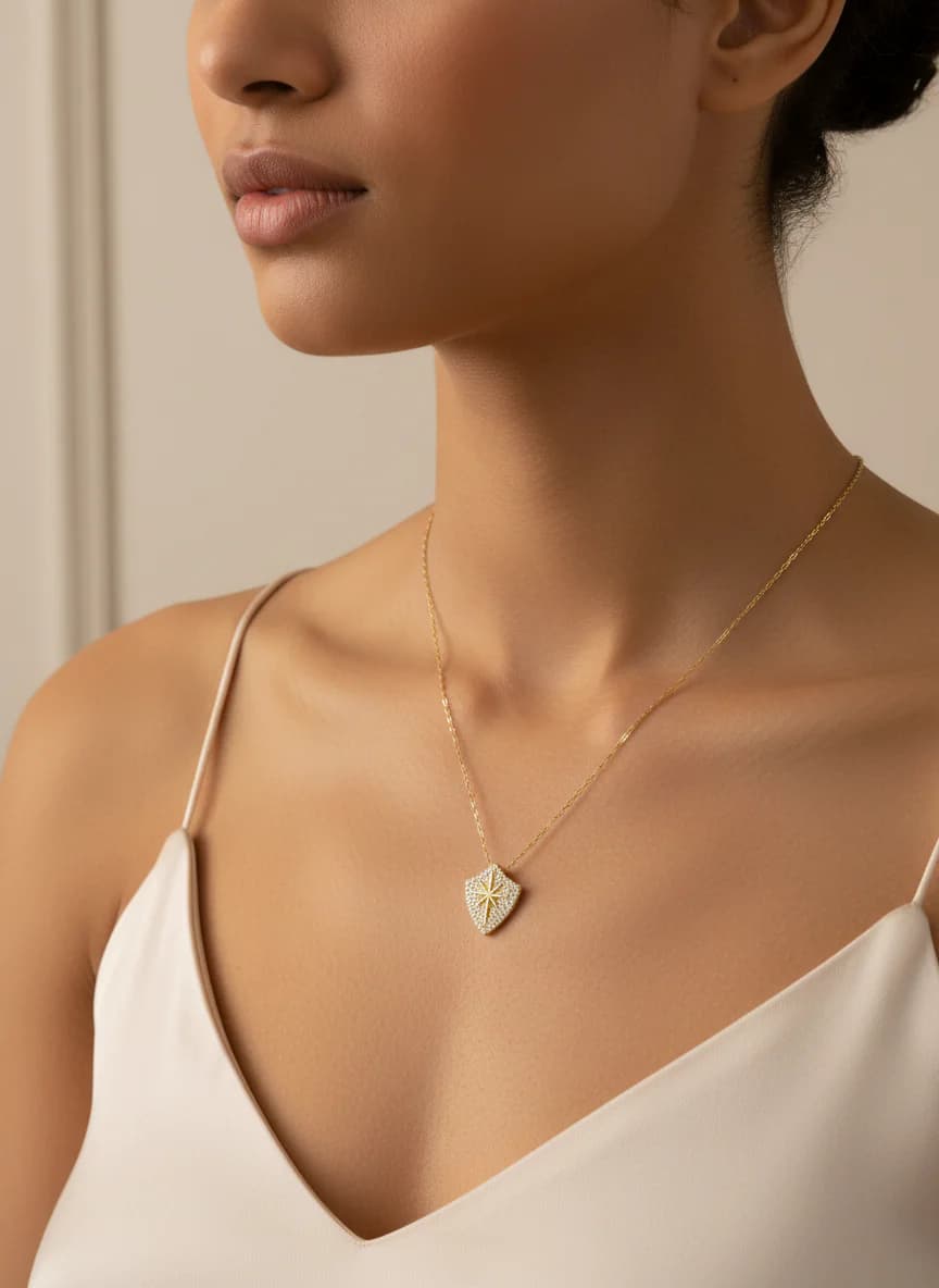 Zirkon Taşlı Altın Kalkan Yıldız Kolye