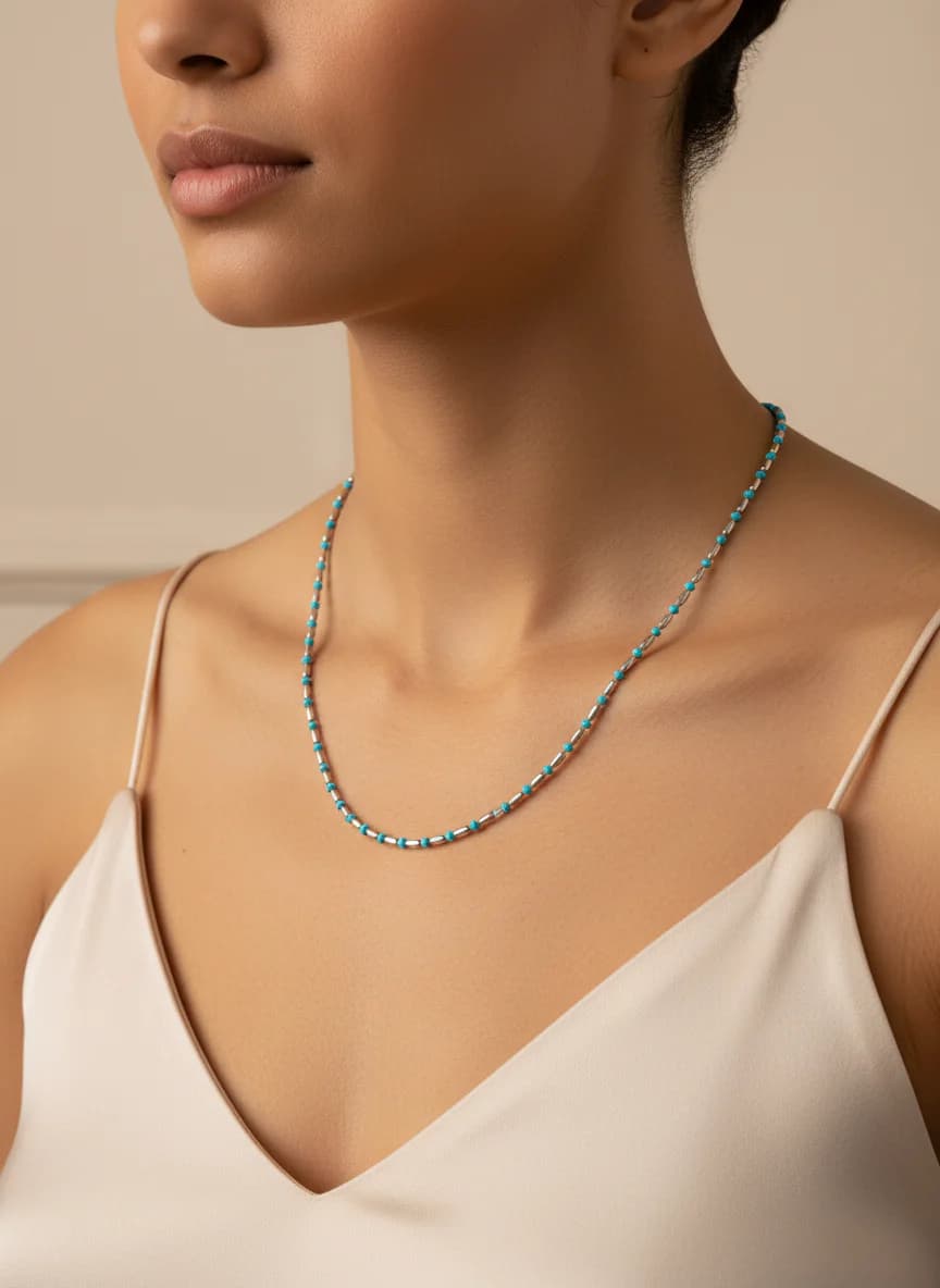 Turkuaz Boncuklu Gümüş Rengi Modern Zincir Kolye