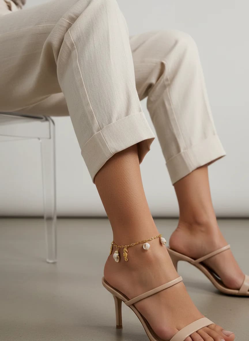 Deniz Temalı Altın Rengi Halhal - Deniz Kabuğu ve Denizatı