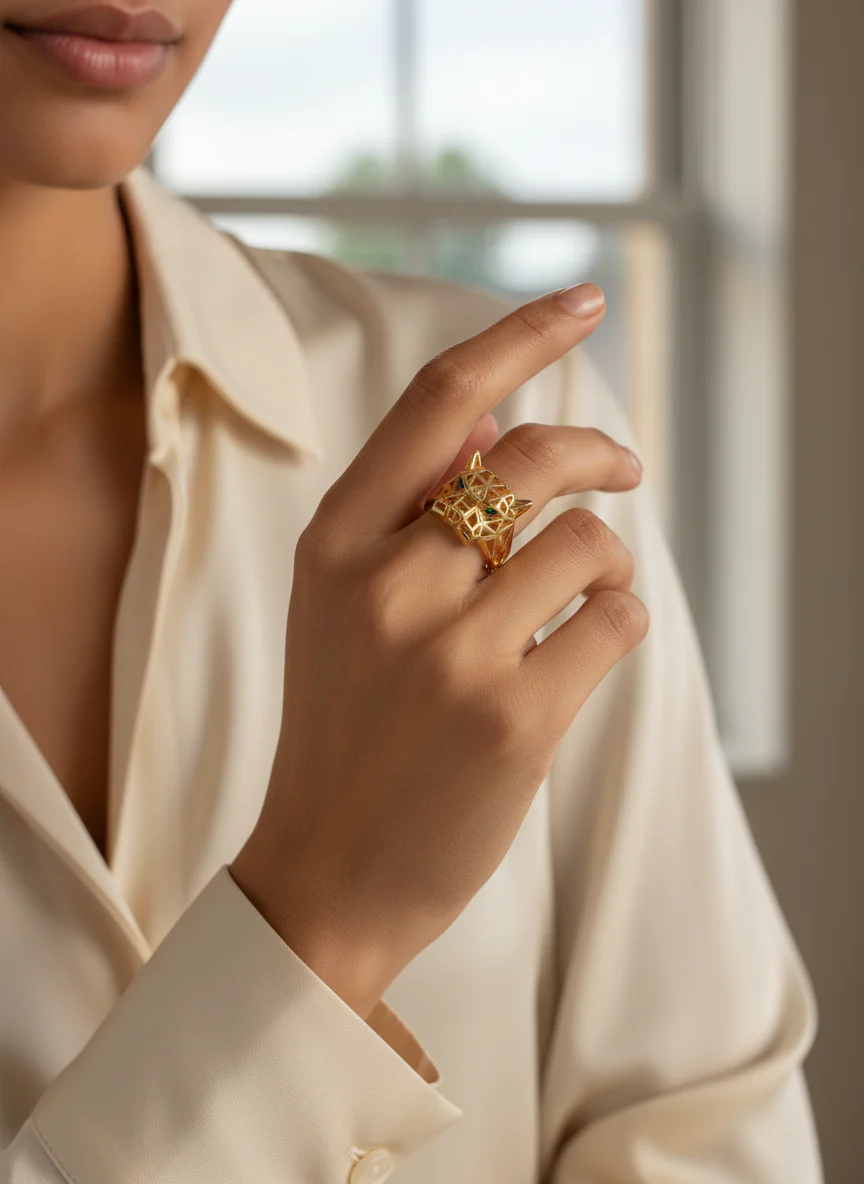 Altın Rengi Zümrüt Gözlü Panter Leopar Tasarım Yüzük