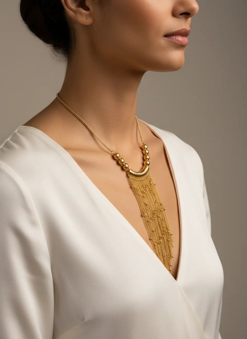 Altın Rengi Püsküllü Zincir Kolye Topçuk Detaylı