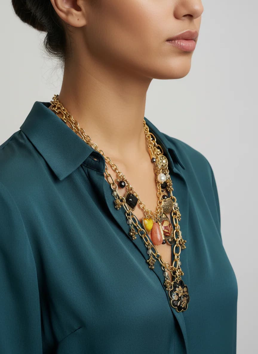 Altın Tonlu Çok Katlı Charm Kolye | Bohem Vintage Tasarım