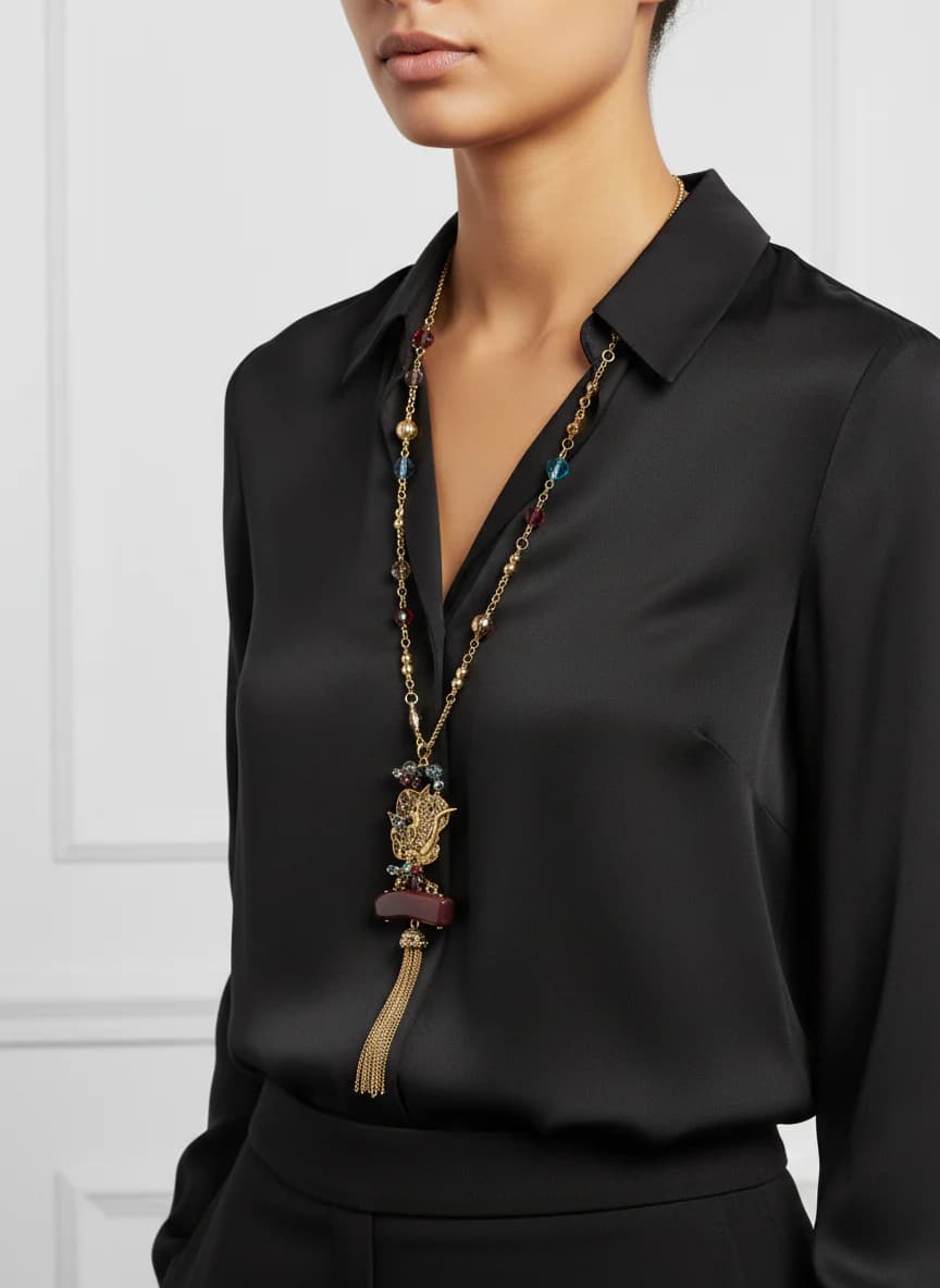 Kadın Altın Rengi Fil Figürlü Doğal Taşlı Uzun Kolye