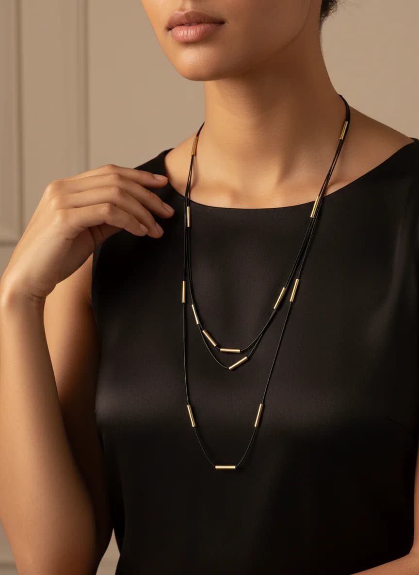 Katmanlı Siyah Zincir Altın Çubuk Detaylı Kolye