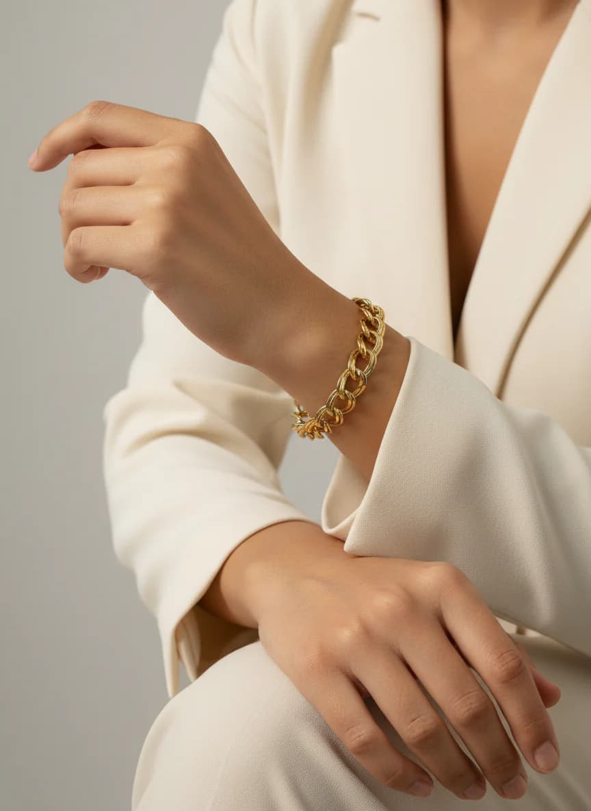 Şık Gold Renk Oval Bakla Desenli Zincir Kadın Bileklik