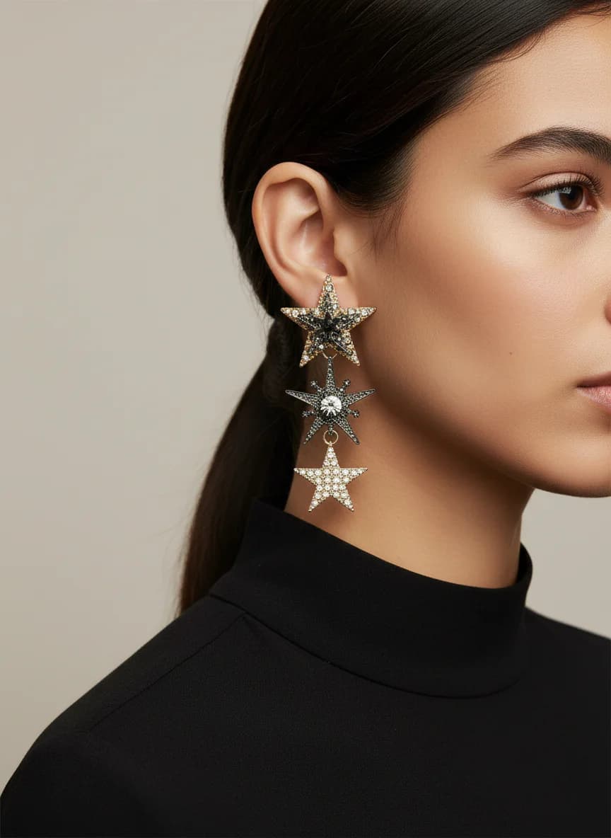 Altın Siyah Taşlı Yıldız Sallantılı Şık Abiye Küpe