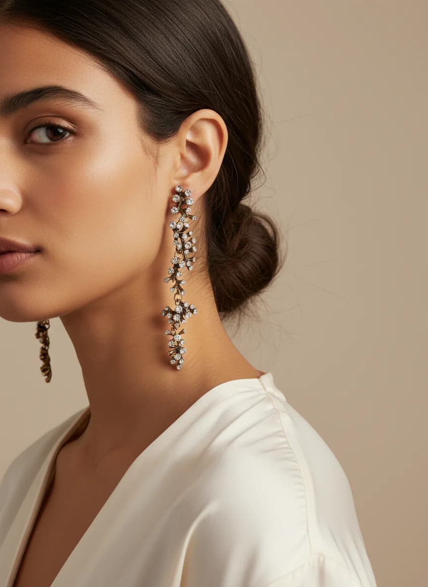 Antik Gold Kristal Taşlı Uzun Sallantılı Abiye Küpe